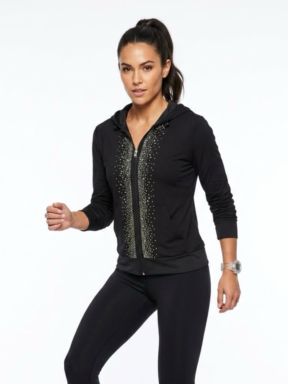 Blossom Glam Sparkled Rhinestone Embellished Zip-Up Hoodie Jacket Size S